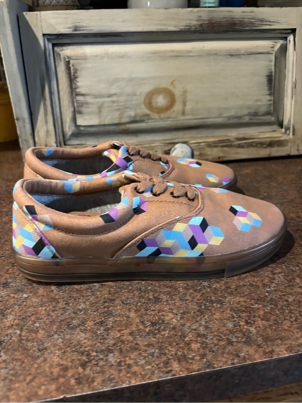 Laura Britt Brown Canvas Sneakers with Colorful Geometric Print - Picture 3 of 6